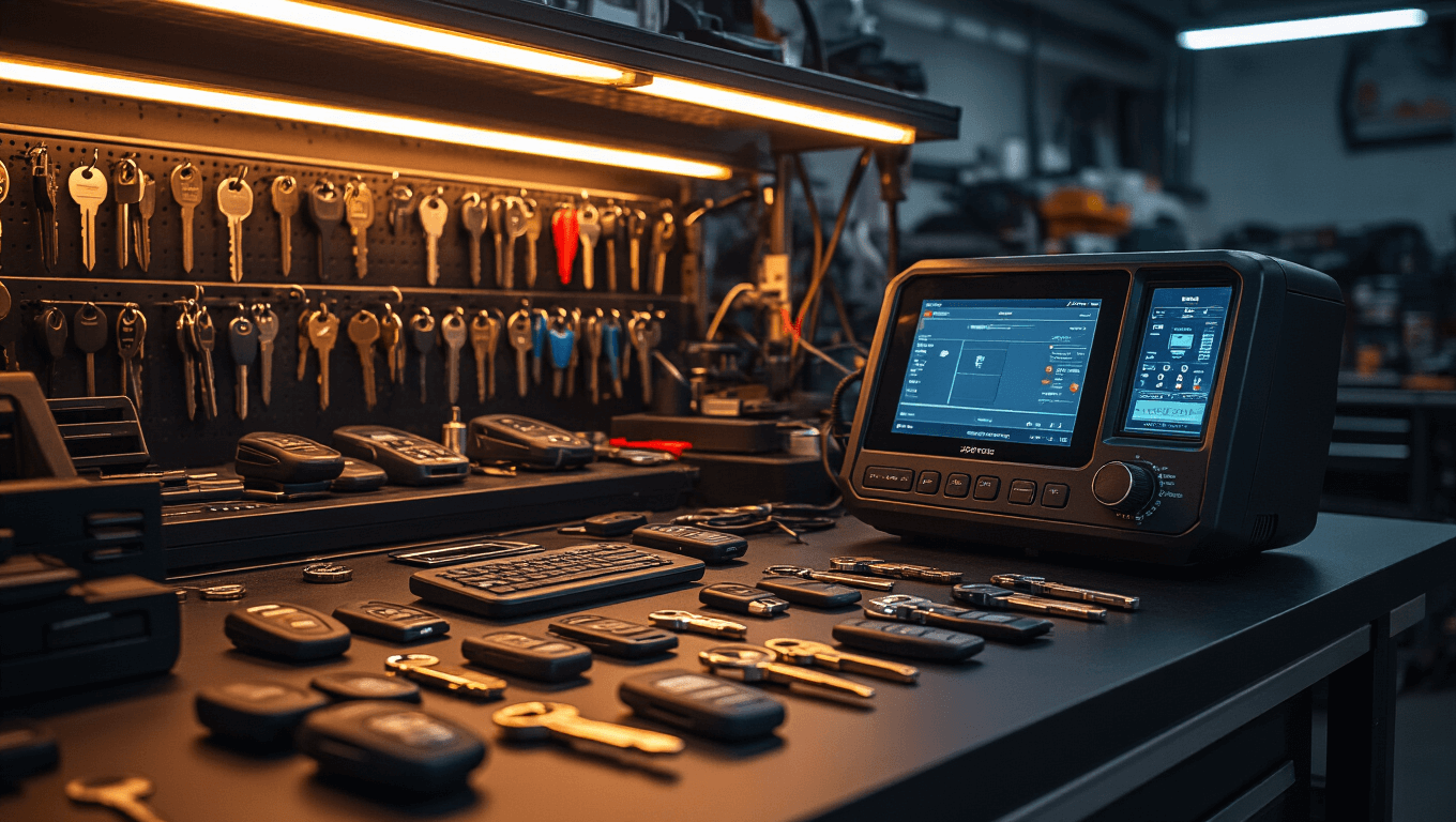 Autosleutel Bijmaken in Rotterdam: Snel, Professioneel en Betrouwbaar Modern sleutel programmeerstation in een professionele autoslotenwerkplaats, met een georganiseerd zwart composiet werkblad vol sleutels en diagnostische apparatuur, warm verlicht door LED-strips.