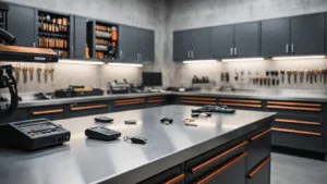 Fotorealistisch beeld van een moderne sleutelservicewerkplaats met een L-vormige roestvrijstalen werkbank, diagnostische apparatuur en sleutelprogrammeringsapparaten. Achtergrond met wandkasten vol lege sleutels, betonachtige vloer en antracietgrijze muren. Koperen accenten, close-up van programmeringstoestellen met een lichte bokeh-effect. Helder, gelijkmatig licht benadrukt de netheid en professionaliteit van de ruimte, met enkele autosleutels en afstandsbedieningen op de werkbank.