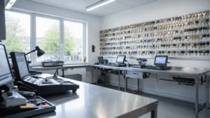 Een moderne sleutel snijwerkplaats in Amstelveen met een L-vormige roestvrijstalen werkbank, geavanceerde machines, goed georganiseerde racks met lege sleutels en een technicus in een blauwe uniform die een computer gestuurde sleutel snijmachine bedient.