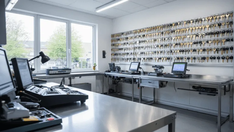 Een moderne sleutel snijwerkplaats in Amstelveen met een L-vormige roestvrijstalen werkbank, geavanceerde machines, goed georganiseerde racks met lege sleutels en een technicus in een blauwe uniform die een computer gestuurde sleutel snijmachine bedient.