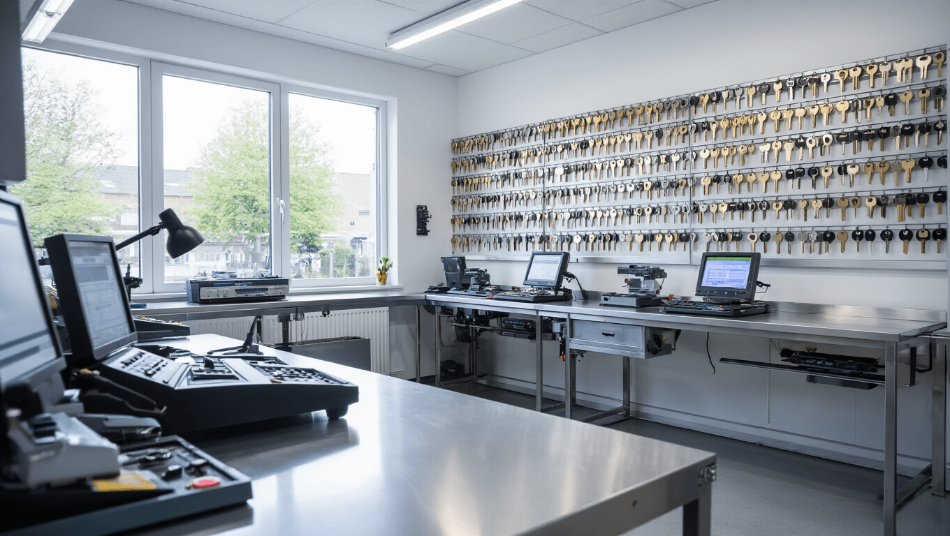 Sleutels Bijmaken in Amstelveen: Jouw Complete Gids Een moderne sleutel snijwerkplaats in Amstelveen met een L-vormige roestvrijstalen werkbank, geavanceerde machines, goed georganiseerde racks met lege sleutels en een technicus in een blauwe uniform die een computer gestuurde sleutel snijmachine bedient.