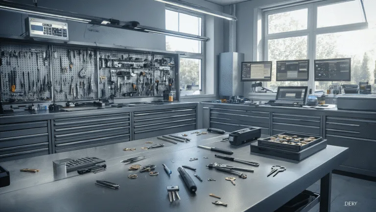 Hyperrealistische afbeelding van een moderne sleutelgraveerwerkplaats met een L-vormige roestvrijstalen werkbank, precisiegereedschap, gereedschapskast gevuld met sleutelblanks en gespecialiseerde apparatuur, en een geavanceerd sleutelprogramma-station met meerdere monitors. Ochtendzon verlicht de ruimte in een koel grijs-blauw kleurenschema, met nadruk op de hightech elementen en echt materiaaltexturen.