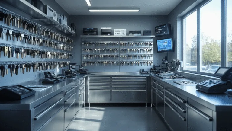 Moderne sleutelshop met een L-vormige roestvrijstalen werkbank, hightech gereedschap, grote ramen die ochtendlicht binnenlaten, chroomafgewerkte wandrekken met verschillende sleutels en glazen vitrines met elektronische autosleutels.