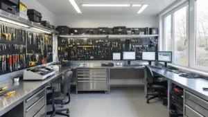 Fotorealistische afbeelding van een moderne slotenmakerij-interieur met een L-vormige roestvrijstalen werkbank, georganiseerd met gereedschap en technologie, waaronder een digitale sleutel snijmachine en een auto transponder programmeringsstation, verlicht door natuurlijk licht en moderne LED-verlichting.
