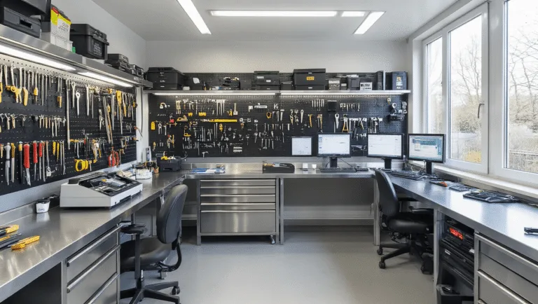 Fotorealistische afbeelding van een moderne slotenmakerij-interieur met een L-vormige roestvrijstalen werkbank, georganiseerd met gereedschap en technologie, waaronder een digitale sleutel snijmachine en een auto transponder programmeringsstation, verlicht door natuurlijk licht en moderne LED-verlichting.