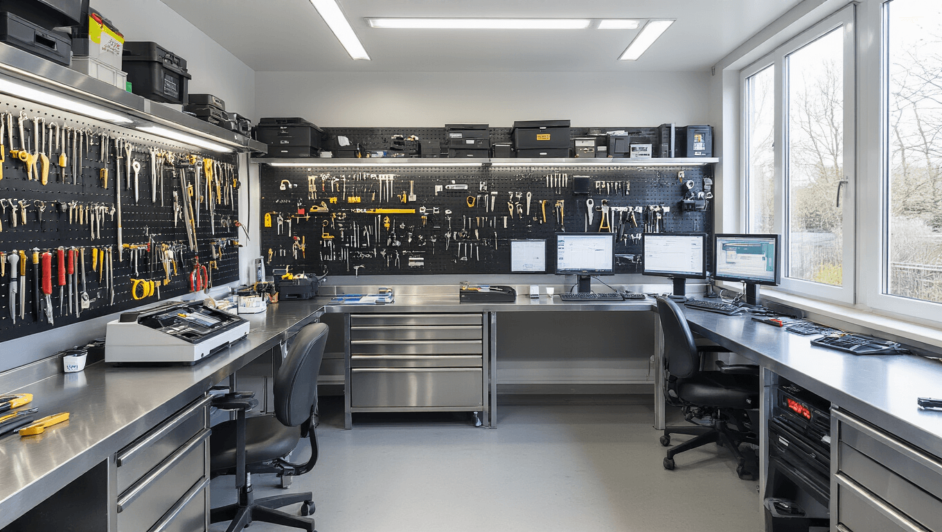 Slotenmaker Amstelveen: Snelle Hulp bij Slot- en Sleutelsproblemen Fotorealistische afbeelding van een moderne slotenmakerij-interieur met een L-vormige roestvrijstalen werkbank, georganiseerd met gereedschap en technologie, waaronder een digitale sleutel snijmachine en een auto transponder programmeringsstation, verlicht door natuurlijk licht en moderne LED-verlichting.
