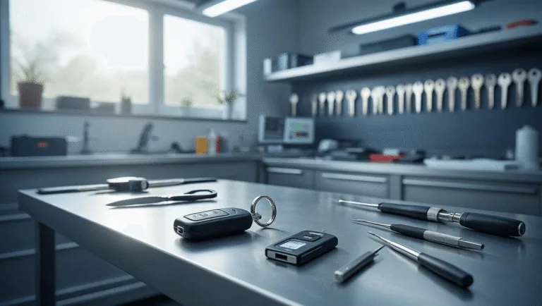 Fotorealistische afbeelding van een moderne autobKeys reparatieworkshop met een R-vormige roestvrijstalen werkbank, precisiegereedschap, een ontmantelde autosleutel met een CR2032-batterij, en een rode gereedschapskast in een professionele, goed verlichte omgeving.