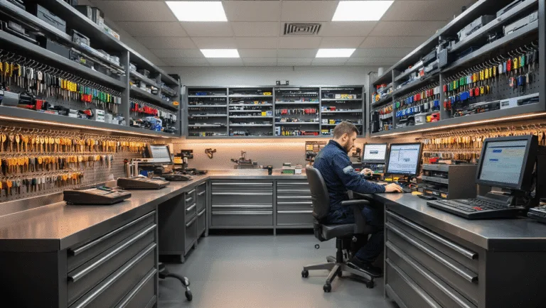 Fotorealistisch beeld van een moderne slotenmakerij in Amstelveen met een overzichtelijke L-vormige roestvrijstalen werkbank vol geavanceerde sleutelknipmachines en diagnostische tools, terwijl een technicus een autosleutel creëert in een warme, professionele sfeer.