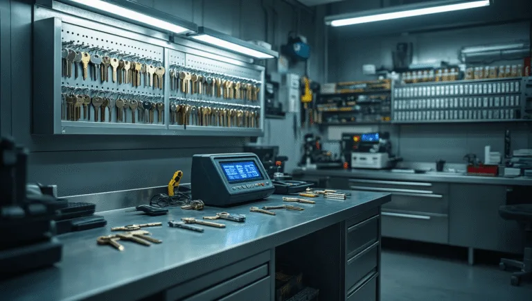 Hyperrealistisch beeld van een moderne sleutelservice werkplaats met een L-vormige roestvrijstalen werkbank vol gereedschap en sleutelknipmachines, een grote kast met lege sleutels, een geavanceerd sleutelprogrammeertoestel met blauwe LED-displays, een industriële maar schone esthetiek en een computer met voertuigdiagnosesoftware op de achtergrond.