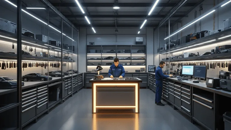 Fotorealistisch beeld van een moderne autosleutelservice werkplaats met een overzicht van een goed verlichte, georganiseerde ruimte. Een technicus in uniform werkt aan een verlichte werkbank voor autosleutelprogrammering, omringd door verscheidene sleutels en gespecialiseerde gereedschappen.
