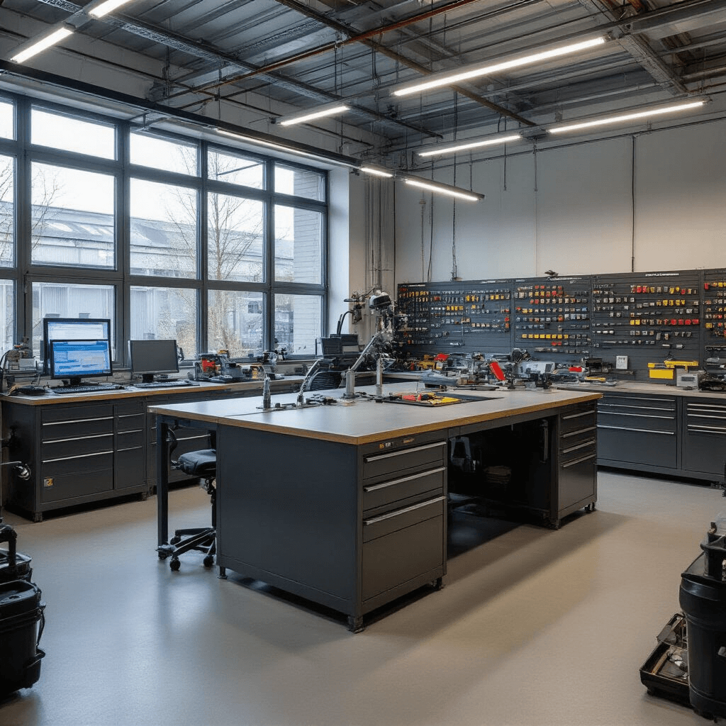 Moderne sleutelmakerij werkplaats met L-vormige RVS werkbank, sleutelfreesmachines, diagnostische computers, kleurgecodeerde sleutelblanco's en diffuse daglichtinval door matglazen ramen.