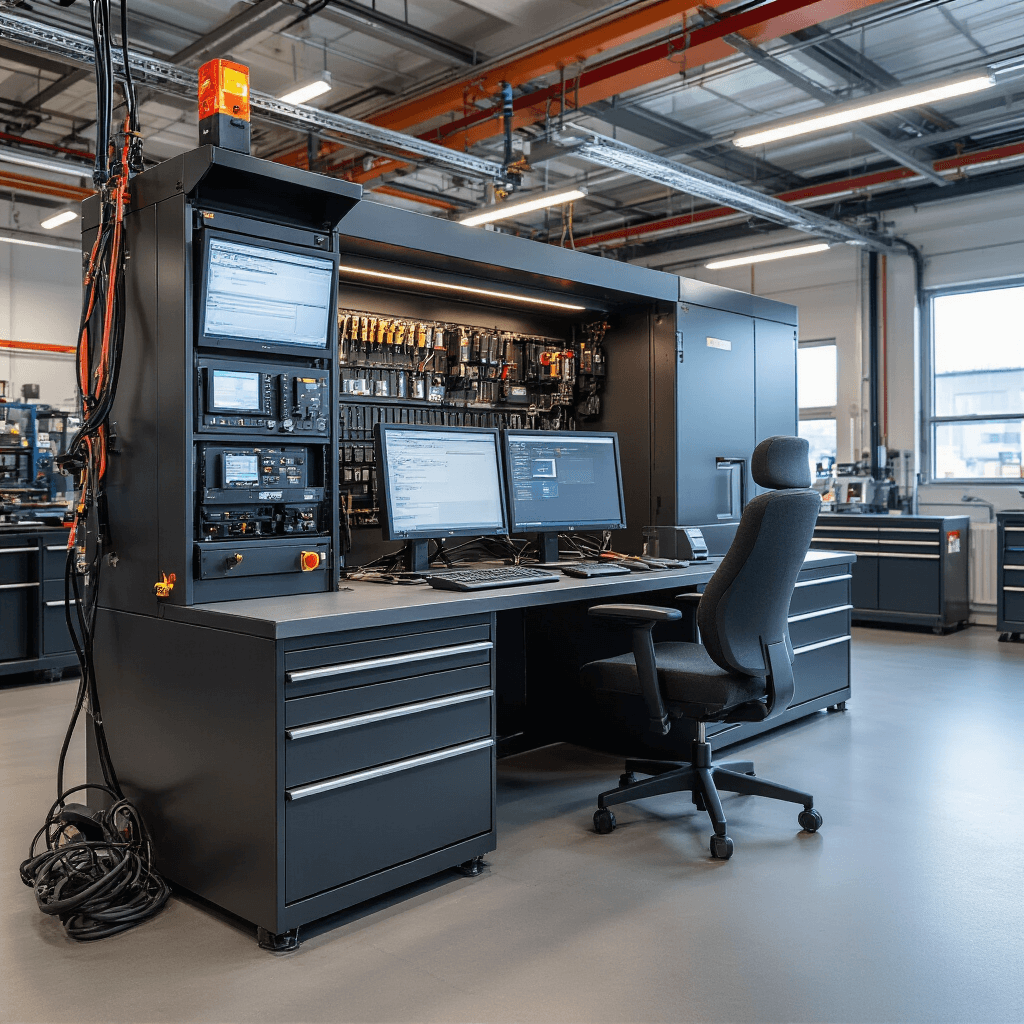 Compacte sleuteltechnische ruimte van 4x5 meter met ergonomisch programmeerstation, antracietkleurige gereedschapskasten, digitale sleutelkluizen en warm LED-licht, overzicht van autotechnische workflow met diagnostische tools en laptop.