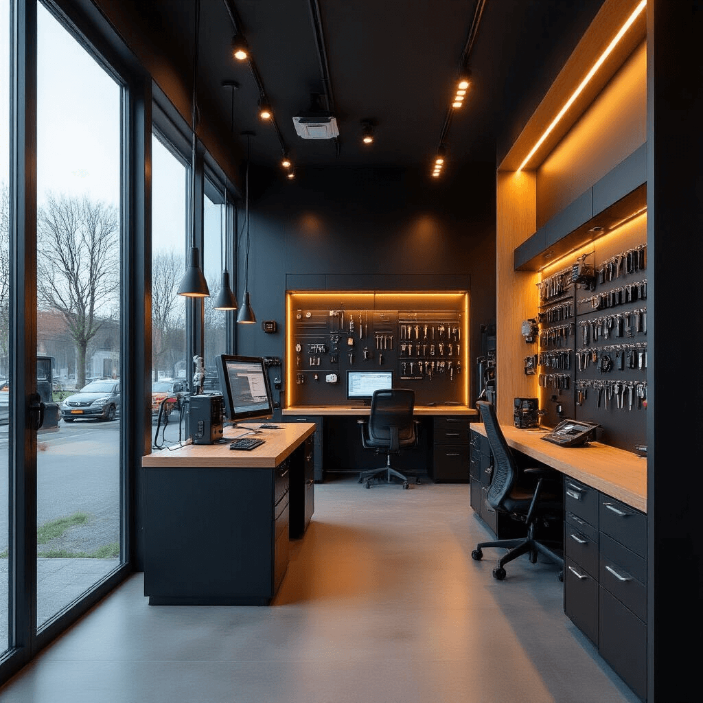 Interieur van een high-tech sleutelservice met diagnosecomputer, autosleutels, matzwarte wandpanelen en houten werkbank, verlicht door natuurlijk licht en LED-spots.
