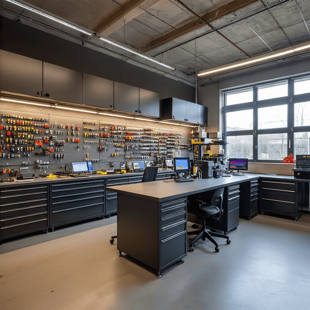 Autosleutels Kwijt: Wat Nu? Snelle Oplossingen voor Noodgevallen Moderne sleutelservice werkplaats met L-vormige RVS werkbank, digitale programmeerapparaten en georganiseerde sleutelrasters, verlicht door natuurlijk daglicht en LED-spots. Technicus programmeert een autosleutel.