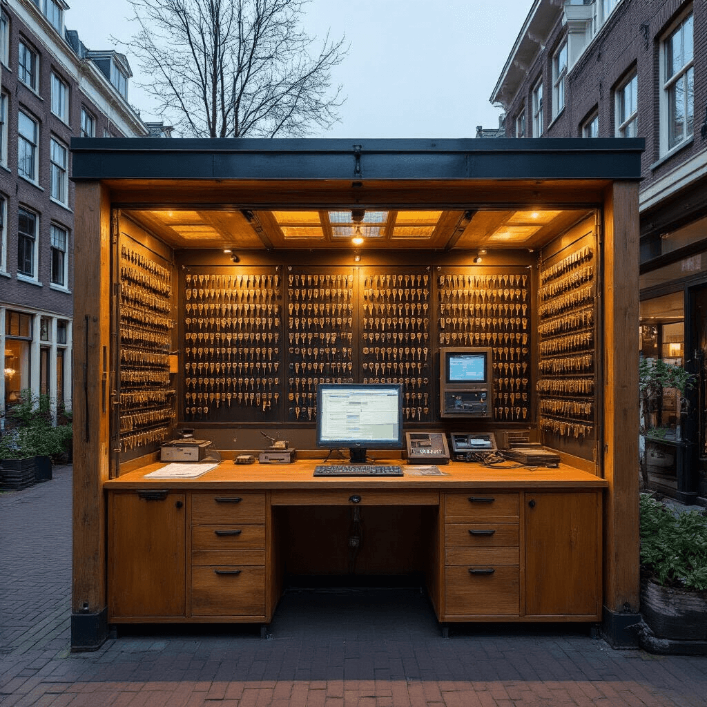 Autosleutels Kwijt: Wat Nu? Snelle Oplossingen voor Noodgevallen Compacte sleutelspecialistruimte met vintage werkbank en moderne sleutelprogrammeerapparatuur, muur vol met kleurgecodeerde sleutelblanco's, digitaal diagnosestation in warm avondlicht.