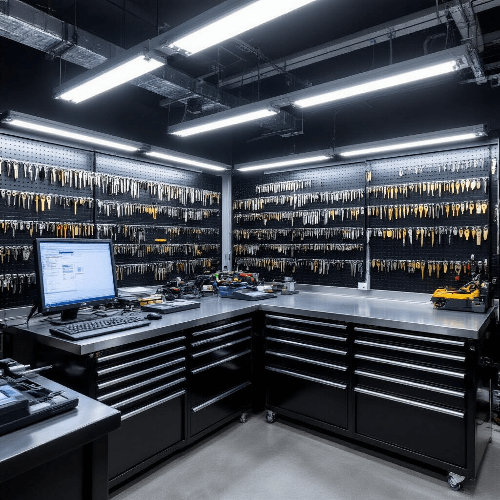 Autosleutel Kwijt? Zo Kom Je Snel En Goedkoop Weer Op Weg Moderne sleutelservice werkplaats met U-vormige RVS werkbank, geavanceerde apparatuur en glazen vitrinekasten vol autosleutels, in koele grijstinten en chroomaccenten.