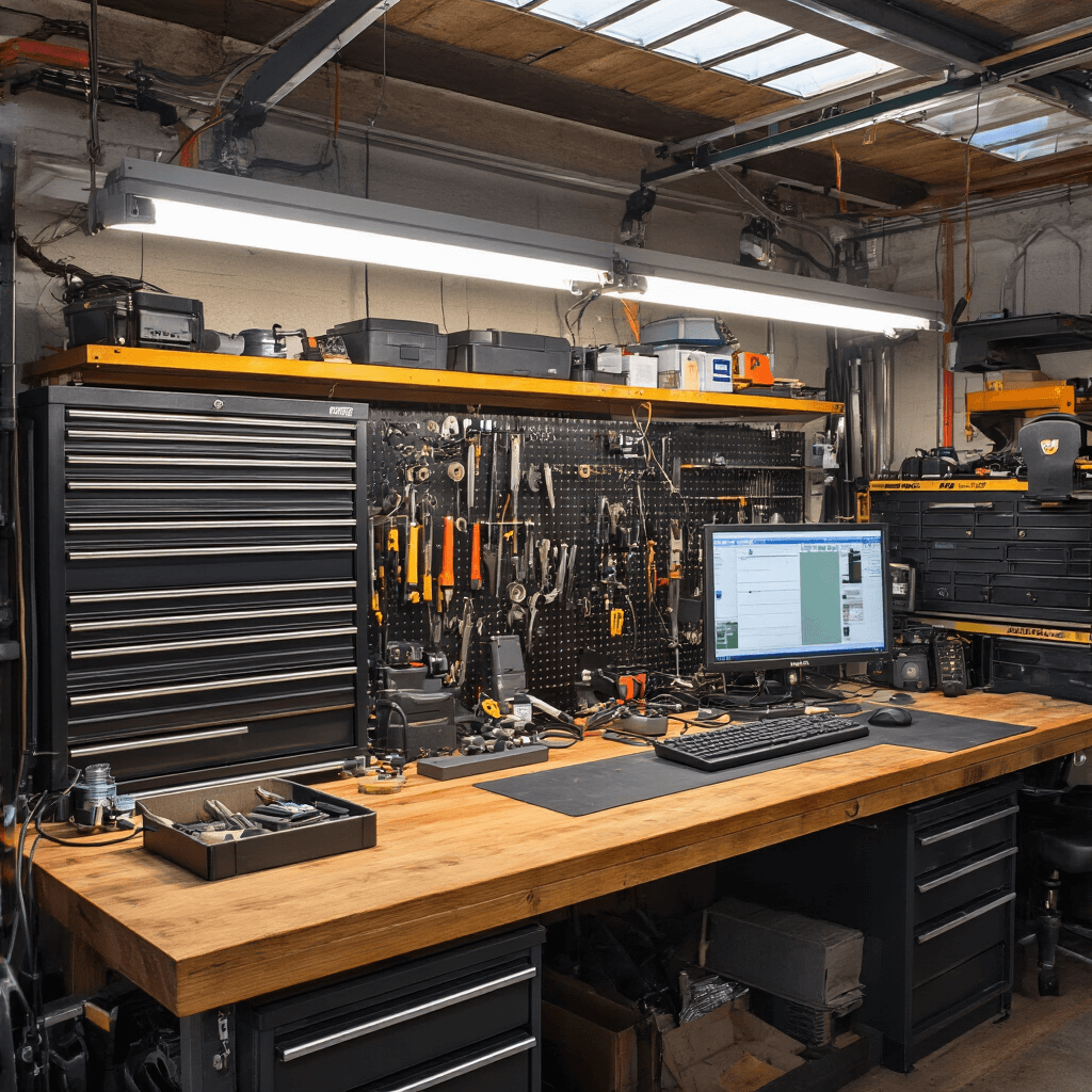 Autosleutel Kwijt? Zo Kom Je Snel En Goedkoop Weer Op Weg Intieme werkplek van een automotive locksmith met ochtendzon, industriële ramen, moderne en vintage apparatuur, en georganiseerde tools in hyperrealistische 8K resolutie.