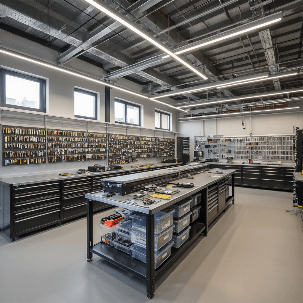 Moderne autosleutelspecialist werkplaats met L-vormige RVS werkbank, diagnostische schermen, wandrekken vol sleutelbaarden en elektronische componenten, en een glazen toonbank met moderne autosleutels, verlicht door warme LED-spots.