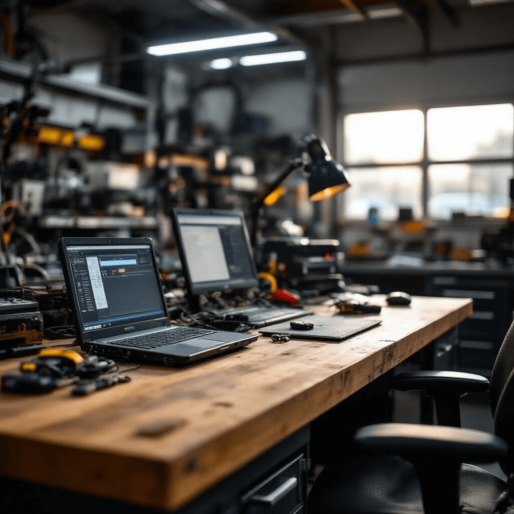 Close-up van een transpondersleutel-programmeerstation in een moderne autosleutelwerkplaats, met een mahoniehouten werkblad, geavanceerde diagnoseapparatuur en laptops. Indirect natuurlijk licht en gerichte LED-verlichting verlichten de werkplek, met sleutelkasten en technische handleidingen op de achtergrond.