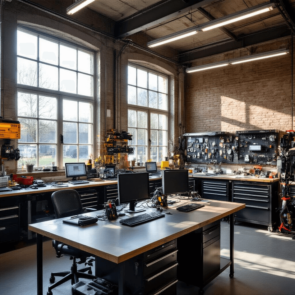 Professionele autosleutelwerkplaats met een L-vormige werkbank van geborsteld RVS, high-tech apparatuur en een warmkleurig interieur, gefotografeerd in de late middag met natuurlijke en LED-verlichting.