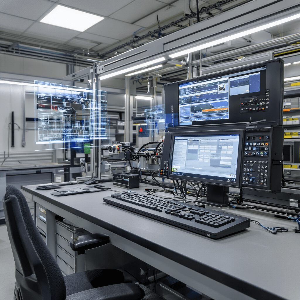 Close-up van een moderne sleutelprogrammeerstation in een compacte werkplek, verlicht door ochtendlicht met matglazen bovenlichten. Ergonomische console met touchscreens en holografische displays, omringd door geordend precisiegereedschap en elektronische componenten in een industriële uitstraling met midnight blue en brushed aluminum.