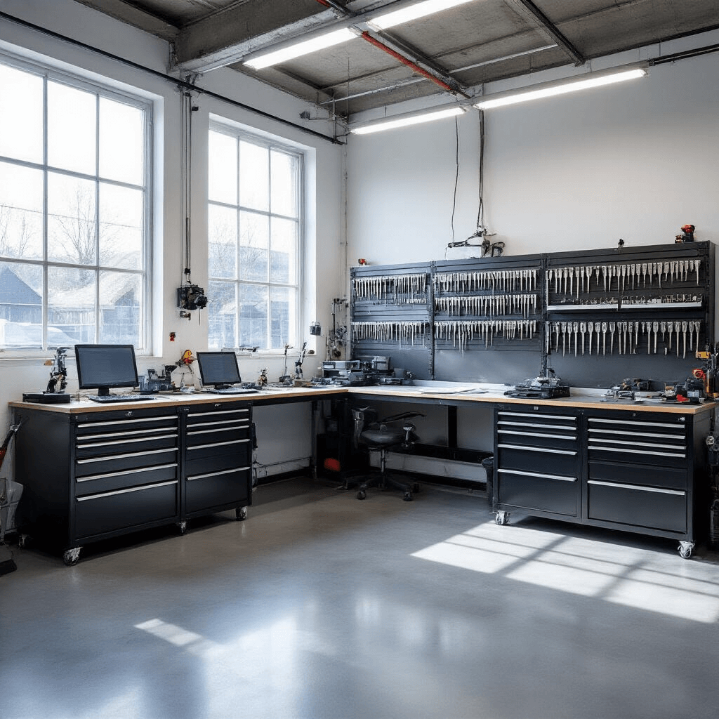 Een professionele autosleutelwerkplaats met een L-vormige werkbank van geborsteld RVS, diagnostische apparatuur aan de linkerkant en gesorteerde sleutelprofielen aan de rechterkant. Natuurlijke verlichting valt binnen via grote ramen, terwijl precisie-instrumenten en microchips op het werkblad zichtbaar zijn. Het interieur heeft een industriële uitstraling met een betonvloer en witte muren in koele grijs- en blauwtinten, met chroom- en zwarte accenten.