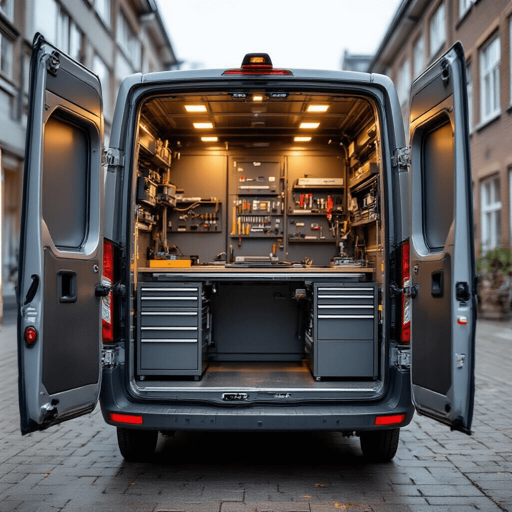 Een moderne bestelbus met een efficiënte 3x2 meter werkruimte voor mobiele sleutelservice, uitgerust met een draagbare werkbank, sleutelfreesmachine, digitale apparatuur en georganiseerde wandopbergsystemen. Warme LED-verlichting en daglicht creëren een heldere werkomgeving.