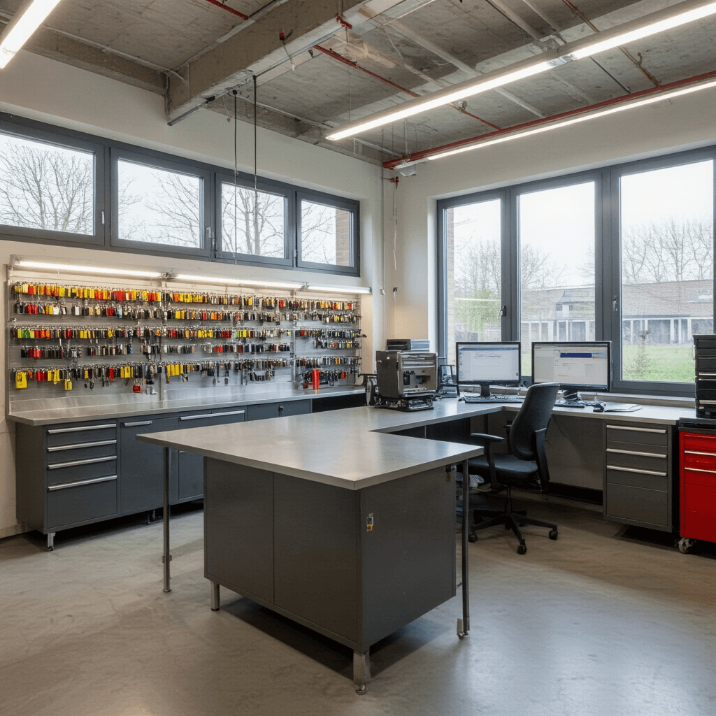 Moderne sleutelservice werkplaats met glazen pui, L-vormige RVS werkbank met LED-verlichting, wandsysteem met kleurgecodeerde sleutelhangers, programmeercomputers, diagnostische unit, en industriële betonvloer.