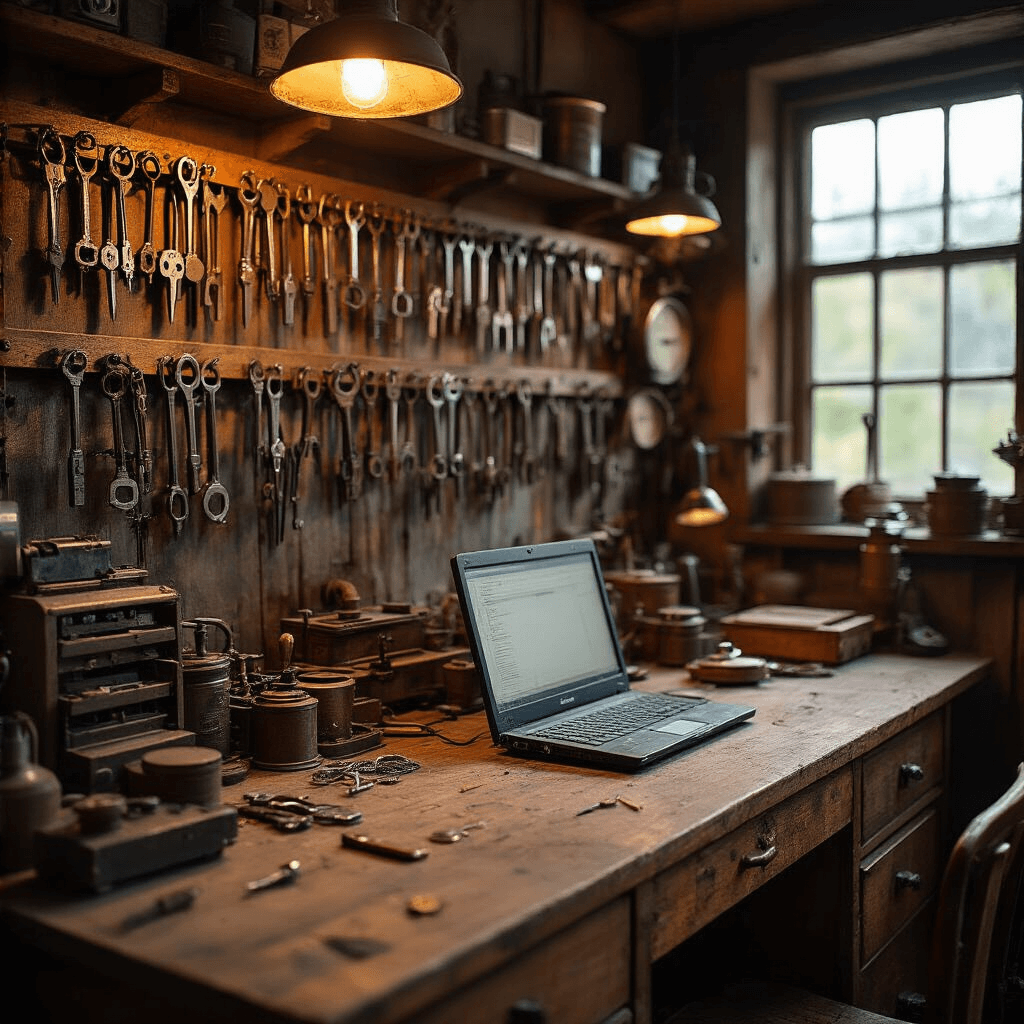 Intieme werkhoek van 4x4 meter met vintage houten werkbank, overladen met autosleutelgereedschap. Koperen sleutelrekken gevuld met blanco's, warm licht van oude lamp en daglicht door matglas. Close-up van moderne transpondersleutels, programmeerinterface en laptop, met een kleurenpalet van warm bruin, koperrood en tech-zwart.