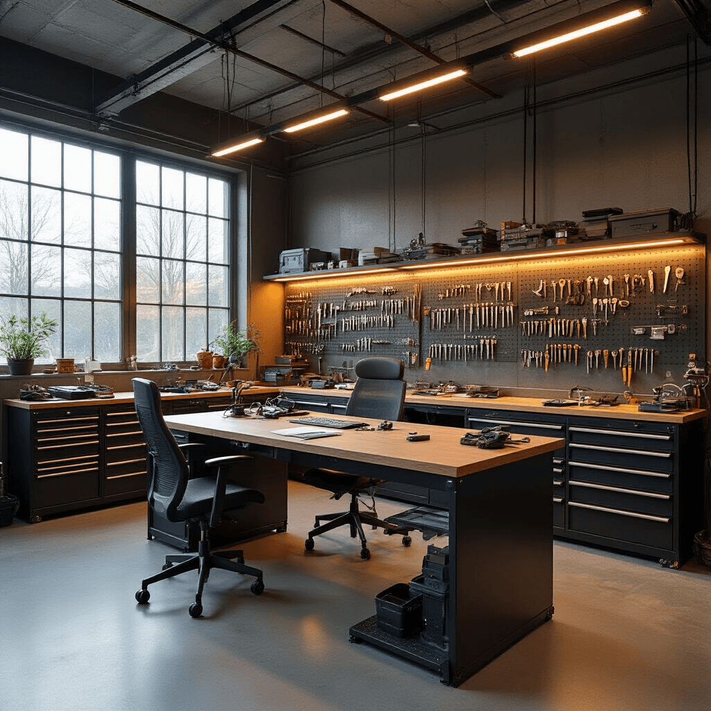 Autosleutel Reparatie: Alles Wat Je Moet Weten Moderne sleutelservicewerkplaats met L-vormige RVS werkbank, programmeerapparatuur, wandrek vol sleutelprofielen, en precisie-gereedschap, verlicht door led-spots en warme middagzon.