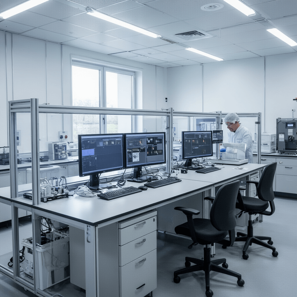 Autosleutel Reparatie: Alles Wat Je Moet Weten Intieme sleutelprogrammeerruimte met modern cleanroom-design, centraal computereiland met diagnose-monitors, glazen vitrinekasten met autosleutelbehuizingen, diffus LED-verlichting, en gespecialiseerde micro-elektronica gereedschap.