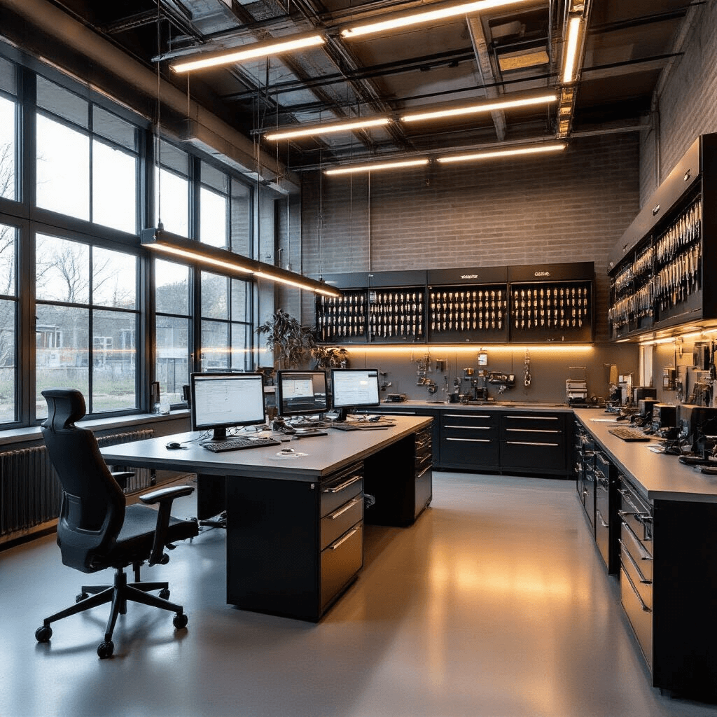 Sleutel Bijmaken: Alles Wat Je Moet Weten Moderne sleutelwerkplaats met industriële glazen pui, centrale RVS werkbank vol precisiegereedschap, wandrekken met chroomkleurige sleutels en hightech diagnoseapparatuur, verlicht door warme middagzon.