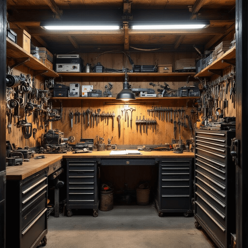 Sleutel Bijmaken: Alles Wat Je Moet Weten Intieme sleutelserviceruimte met vintage werkbank, gereedschapswand en programmerende autosleutel in ochtendlicht.