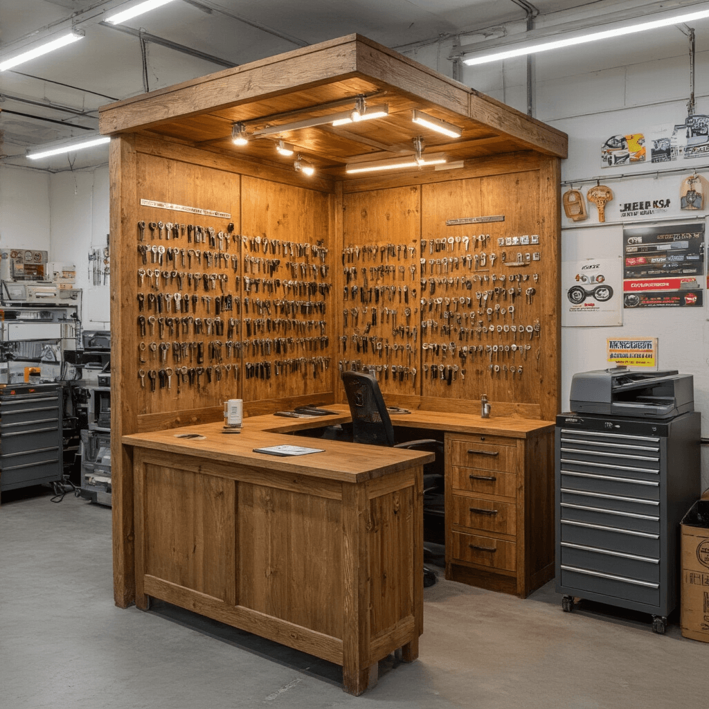 Autosleutel Bijmaken in Spijkenisse: Snelle en Betrouwbare Oplossing Intieme sleutelservicebooth met warme LED-verlichting, vintage houten werkbank, moderne apparatuur, digitale diagnoseschermen, glazen vitrinekasten met autosleuteltechnologie en zorgvuldig georganiseerde kopieermachines, versierd met authentieke sleutelhangers en merklogo's.
