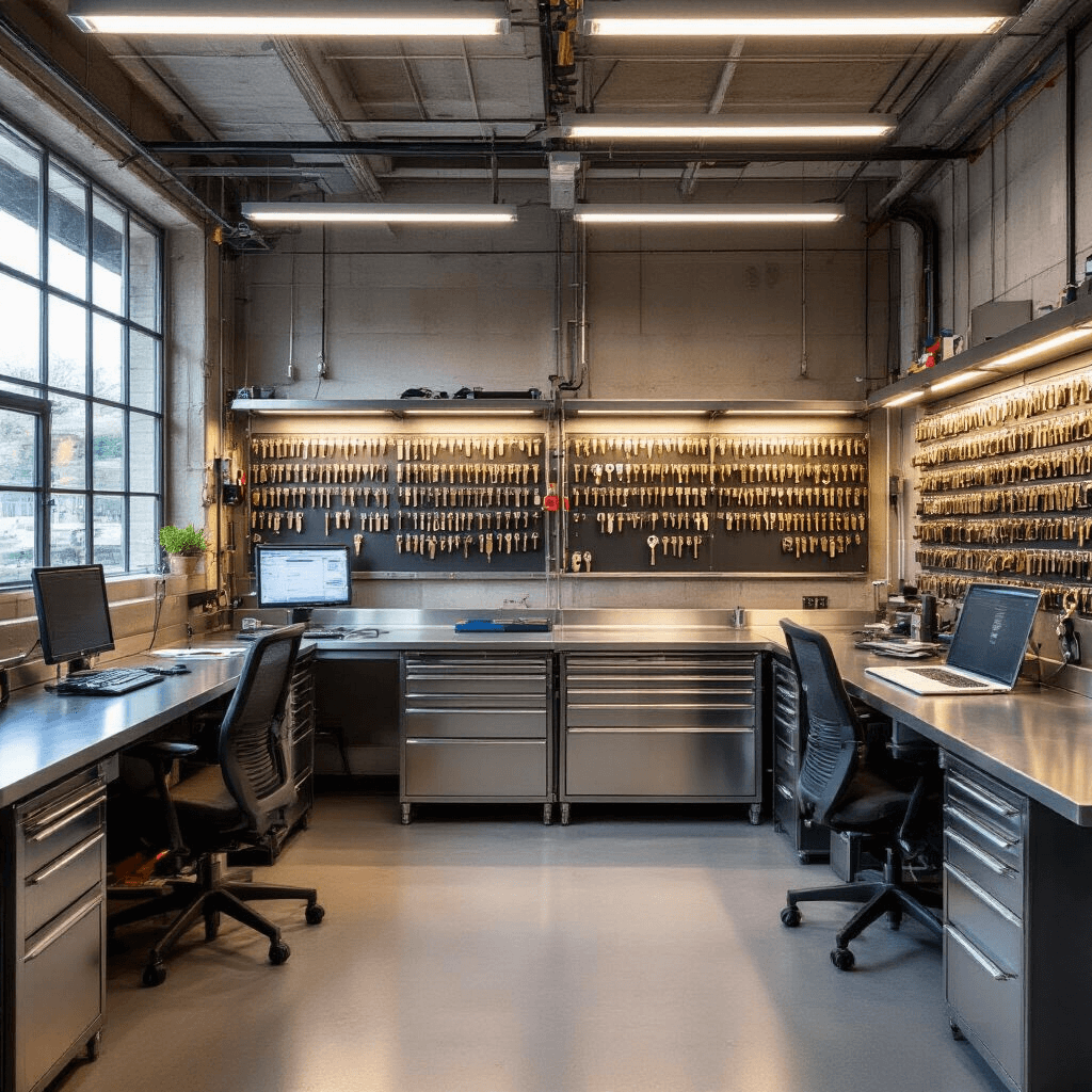Sleutel Bijmaken in Delft: Jouw Complete Gids Moderne sleutelservice werkplaats met L-vormige geborsteld stalen werkbank, elektronische programmeerapparatuur, wandrek met blanco sleutels, digitale tools en warme verlichting in industriële stijl.