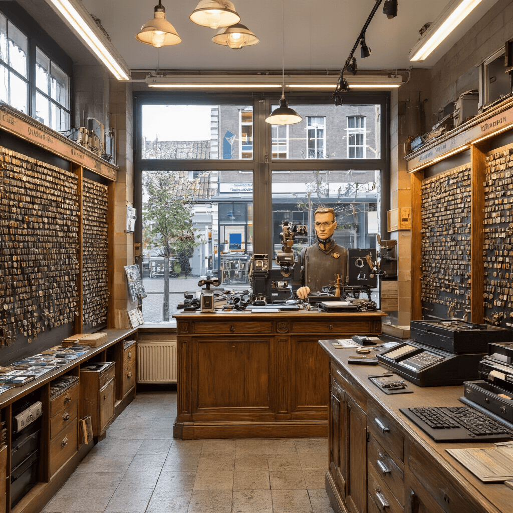 Sleutel Bijmaken in Delft: Jouw Complete Gids Intieme hoekwinkel van een sleutelmaker met vintage houten toonbank, glazen vitrine vol autosleutels, authentieke sleutelmachines in koper en staal, moderne diagnostische computers, en sfeervolle spot-verlichting, gezien vanuit vogelperspectief.