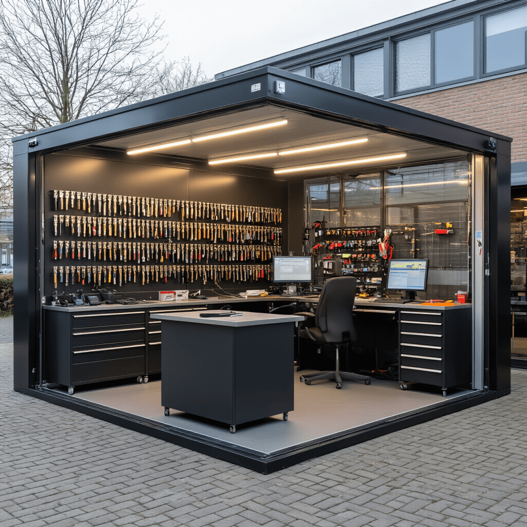 Sleutelkopiëren in Zoetermeer: Alles Wat Je Moet Weten Moderne sleutelservice werkplaats met L-vormige RVS werkbank, kleurgecodeerde sleutelprofilen, high-tech programmeerapparatuur en diagonaal binnenstromend warm ochtendlicht.