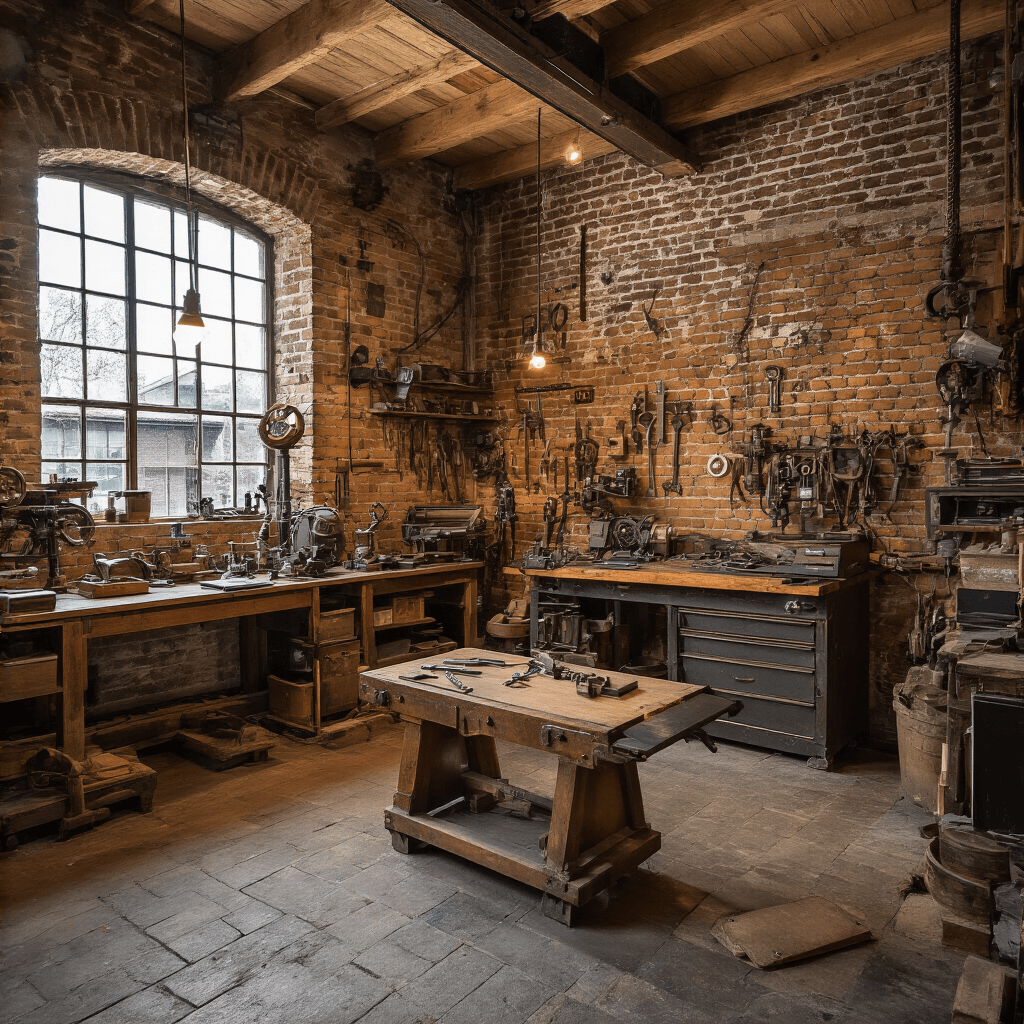 Sleutelkopiëren in Zoetermeer: Alles Wat Je Moet Weten Intieme ambachtelijke sleutelwerkplaats met vintage houten werkbank, klassieke en moderne sleutelfreesmachines, antieke koperen sleutelrekken aan bakstenen muren, ultramodern autosleutel-programmeerstation, en een georganiseerde chaos van sleutels en diagnostische apparatuur, verlicht door warme amber en koele blauwe tinten.