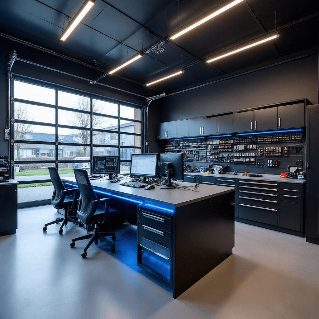 Autosleutel Kopiëren: Alles Wat Je Moet Weten Interieur van een moderne sleutelservice werkplaats met L-vormige werkbank, diagnostische apparatuur en georganiseerde wandkasten, verlicht door LED-strips onder het werkblad.