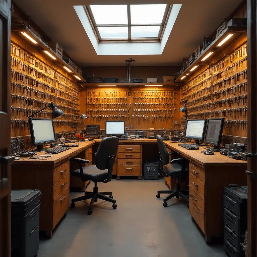 Autosleutel Kopiëren: Alles Wat Je Moet Weten Kleinschalige werkruimte voor sleuteltechniek met precisie-werkbank, vintage kastenwand met genummerde sleutelhangers, moderne diagnosecomputers, en werkverlichting die autosleutels en transponders verlicht, vastgelegd in macrofotografie.