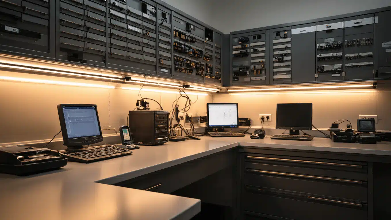 Autosleutel Kopiëren: Alles Wat Je Moet Weten Modern autosleuteldienstwerkplaats met L-vormige werkbank, geavanceerde diagnostische apparatuur, georganiseerde kasten en warme LED-verlichting, met een technicus die zorgvuldig een autosleutel manipuleert.