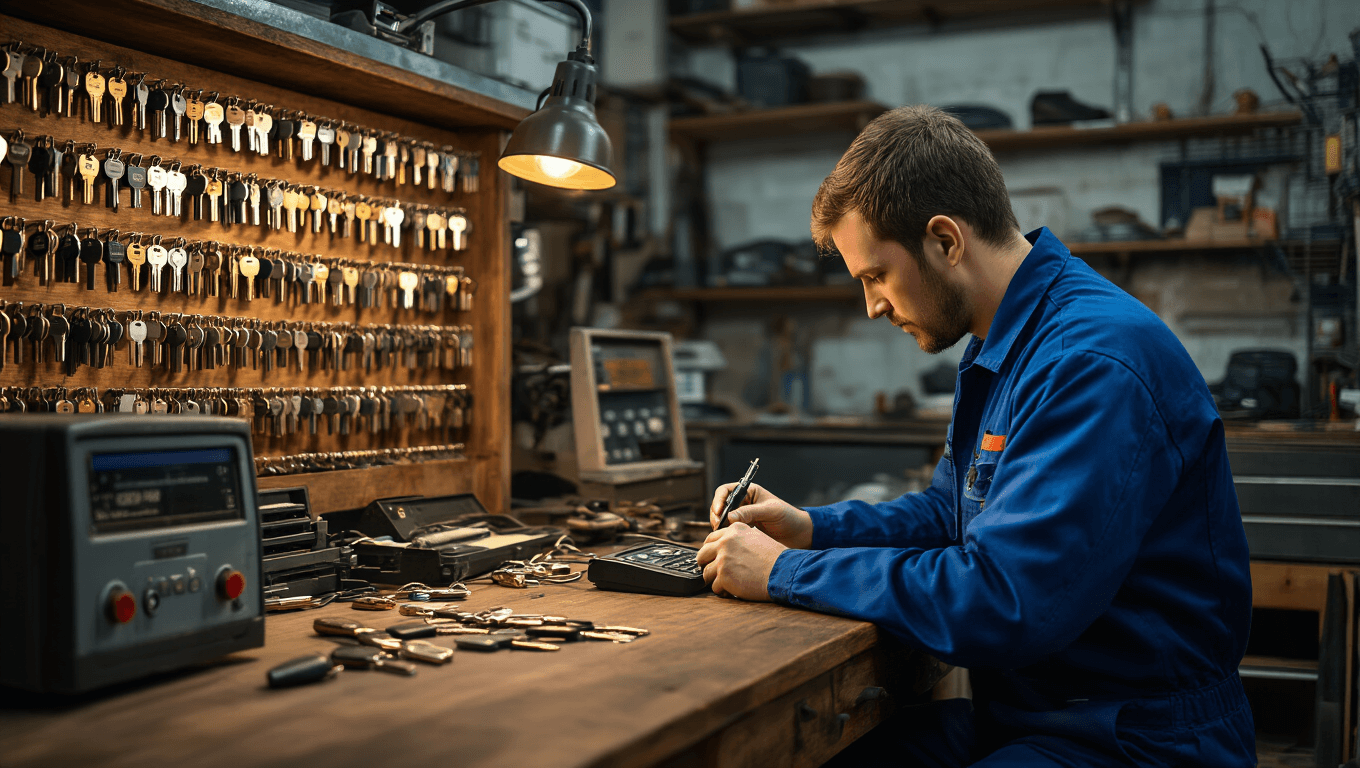 Fotorealistisch beeld van een sleutelprogrammeringswerkplaats met een technicus in een blauw uniform, die een transponder sleutel programmeert op een vintage houten werkbank, verlicht door warme, directionele verlichting. Achtergrond met industriële opbergsystemen vol autosleutels en een gezellige, ambachtelijke sfeer.
