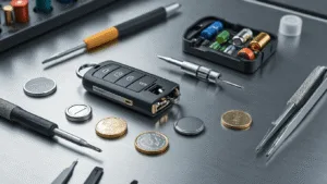 Hyperrealistische foto van een moderne autokey reparatiewerkplek met focus op het vervangen van een batterij. In het midden ligt een gedeeltelijk gedemonteerde autosleutel met een CR2032 batterij en precisiegereedschap zoals een kleine schroevendraaier, pincet en een munt. Om het sleutelonderdeel zijn verschillende soorten knoopcellen (CR2032, CR2025, CR1620, CR2016) netjes gerangschikt. De achtergrond toont een wandrek met verschillende sleutelprofielen en een glazen kast met diverse autosleutelmodellen.