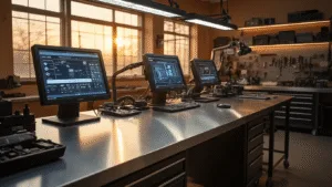 Fotorealistische afbeelding van een moderne autosleutels werkplaats met professionele apparatuur, een L-vormige geborsteld roestvrijstalen werkbank, hightech sleutels programmeringsapparatuur en een warme, uitnodigende sfeer.
