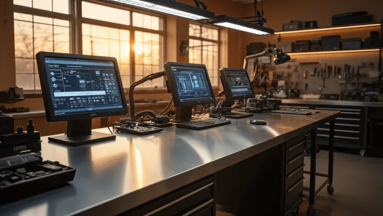 Fotorealistische afbeelding van een moderne autosleutels werkplaats met professionele apparatuur, een L-vormige geborsteld roestvrijstalen werkbank, hightech sleutels programmeringsapparatuur en een warme, uitnodigende sfeer.