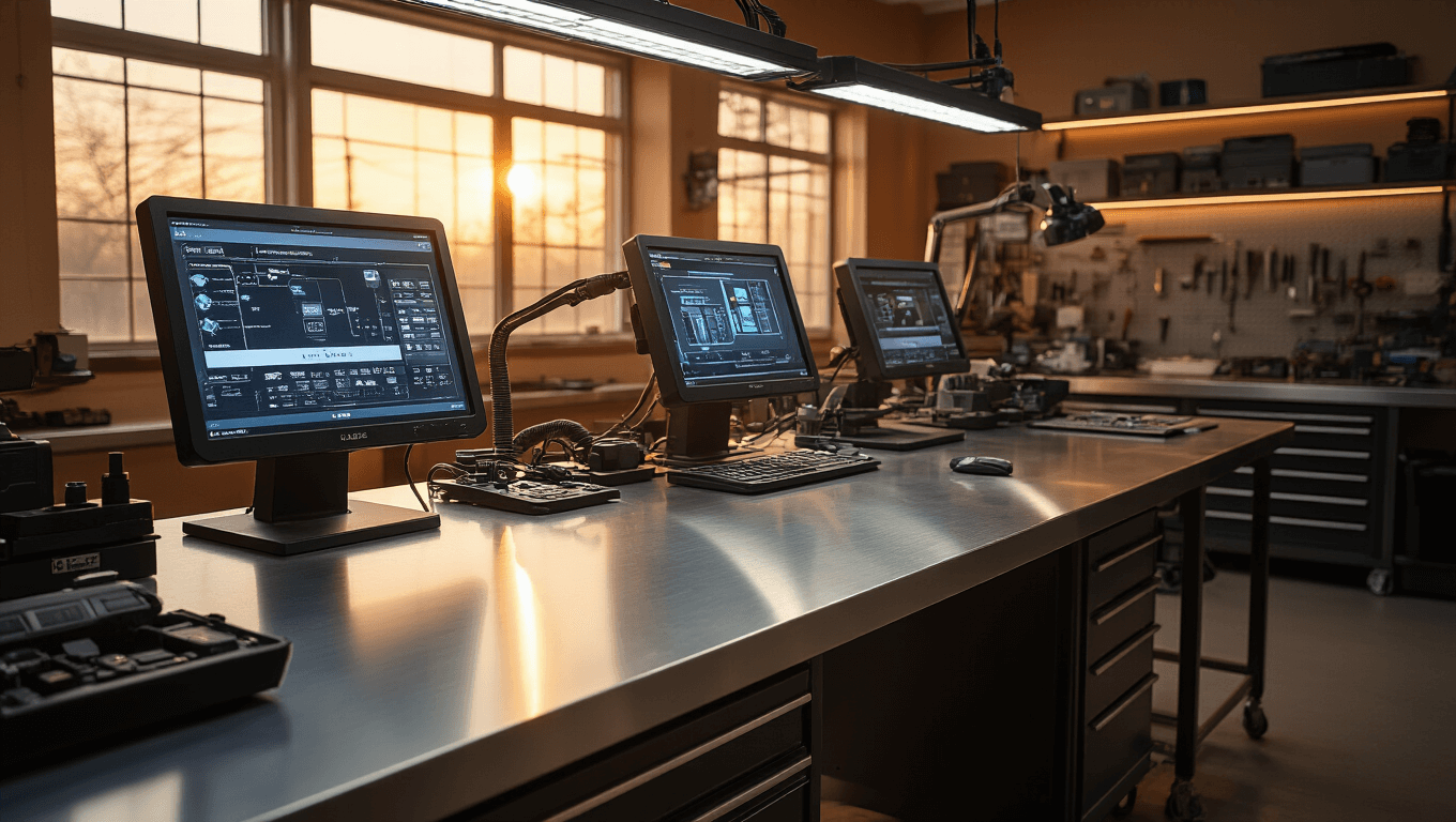 Fotorealistisch interieur van een moderne autosleutelwerkplaats met een L-vormige roestvrijstalen werkbank, diagnostische schermen, en georganiseerd rekken met sleutelbladen en elektronische componenten, verlicht door warme LED-spotlights.