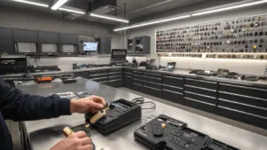 Moderne autosleutelwerkplaats met een L-vormige roestvrijstalen werkbank, diagnostische apparatuur en een sleutelsnijmachine, omringd door een glazen displaywand met verschillende sleutels en sleutelkaarten, en antracietkleurige gereedschapskasten, verlicht door warme LED-spots. In de foreground zijn de handen van een technicus te zien die werkt aan een autosleutel met een transponderchip.