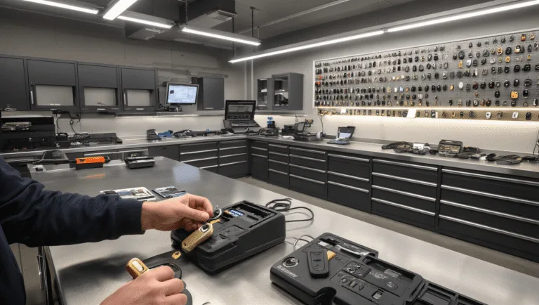 Moderne autosleutelwerkplaats met een L-vormige roestvrijstalen werkbank, diagnostische apparatuur en een sleutelsnijmachine, omringd door een glazen displaywand met verschillende sleutels en sleutelkaarten, en antracietkleurige gereedschapskasten, verlicht door warme LED-spots. In de foreground zijn de handen van een technicus te zien die werkt aan een autosleutel met een transponderchip.