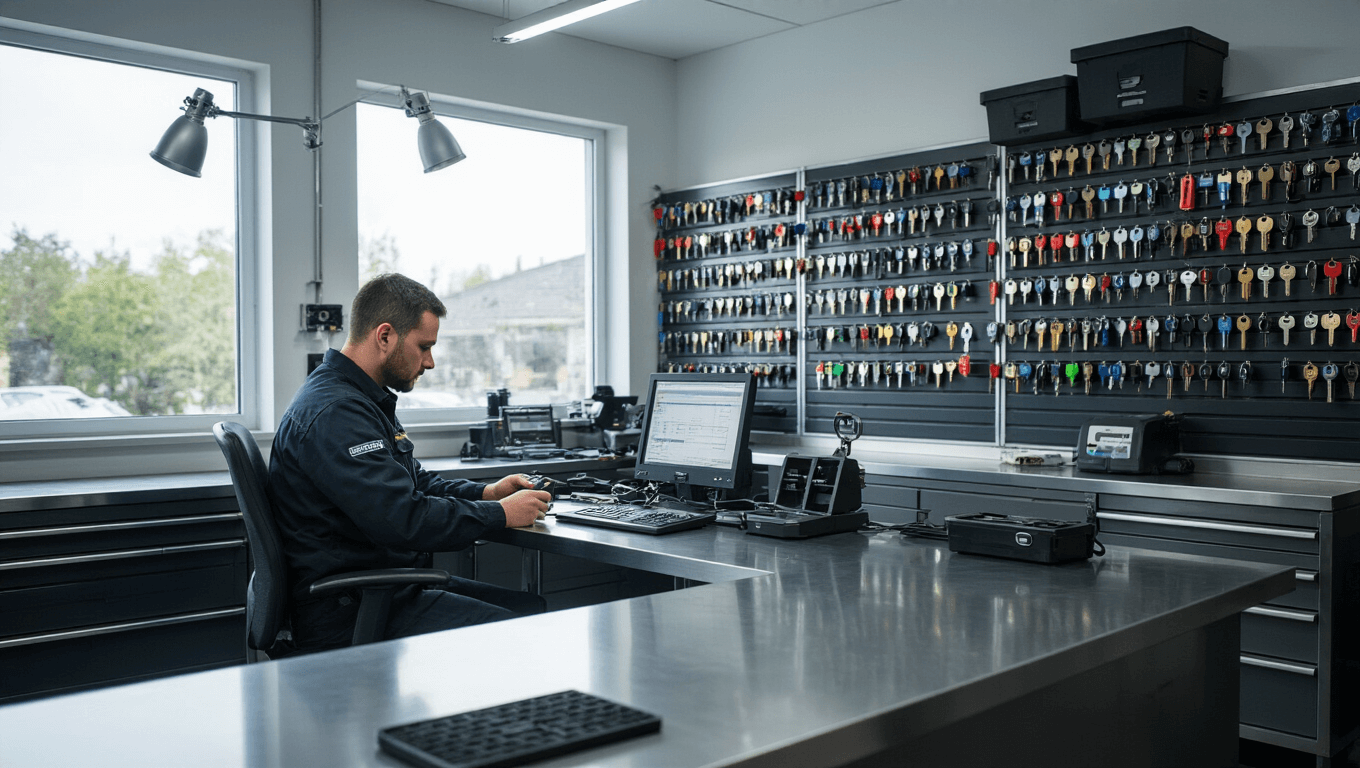 Autosleutels Kwijt: Wat Nu? Snelle Oplossingen voor Noodgevallen Moderne slotenmakerij met een technicus die geconcentreerd een autosleutel programmeert aan een roestvrijstalen L-vormige werktafel, omringd door georganiseerde sleutelrekken en hightech apparatuur.