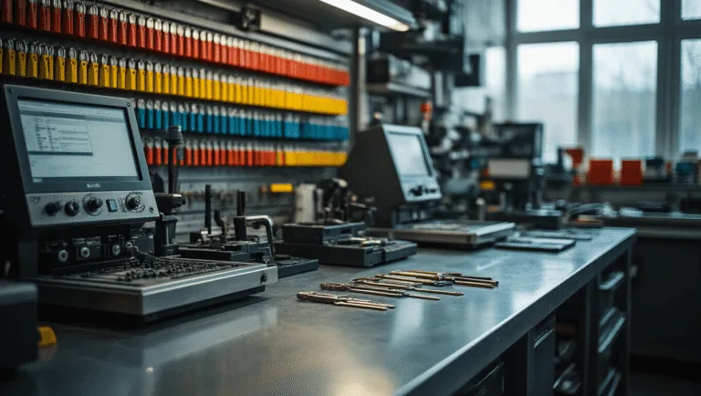 Moderne slotenmaker workshop in Rotterdam Noord met een L-vormige roestvrijstalen werkbank, sleutel snijmachines, diagnostische computers en kleurgecodeerde sleutelblanks aan de muur, verlicht door zacht daglicht dat door matte vensters stroomt.
